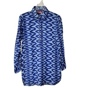 Oliphant XS Blue White Swirly Print Half Button Down tunic Blouse